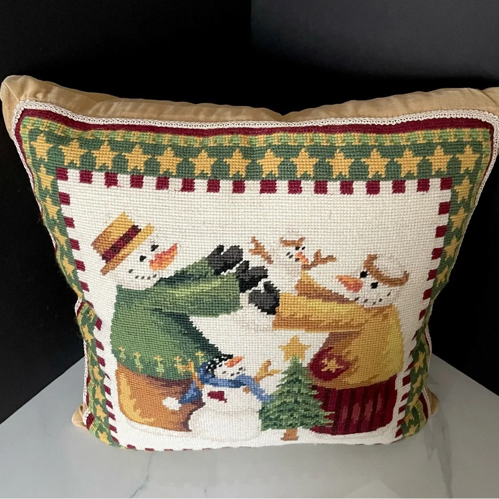Snowman Family Needlepoint Holiday Pillow